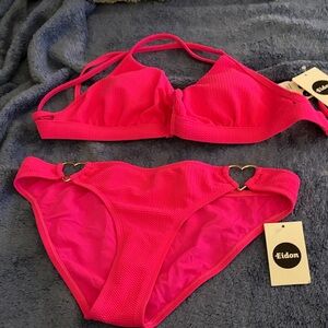 NWT Eidon Pink with silver metal heart inset Bikini Set size D top medium bottom